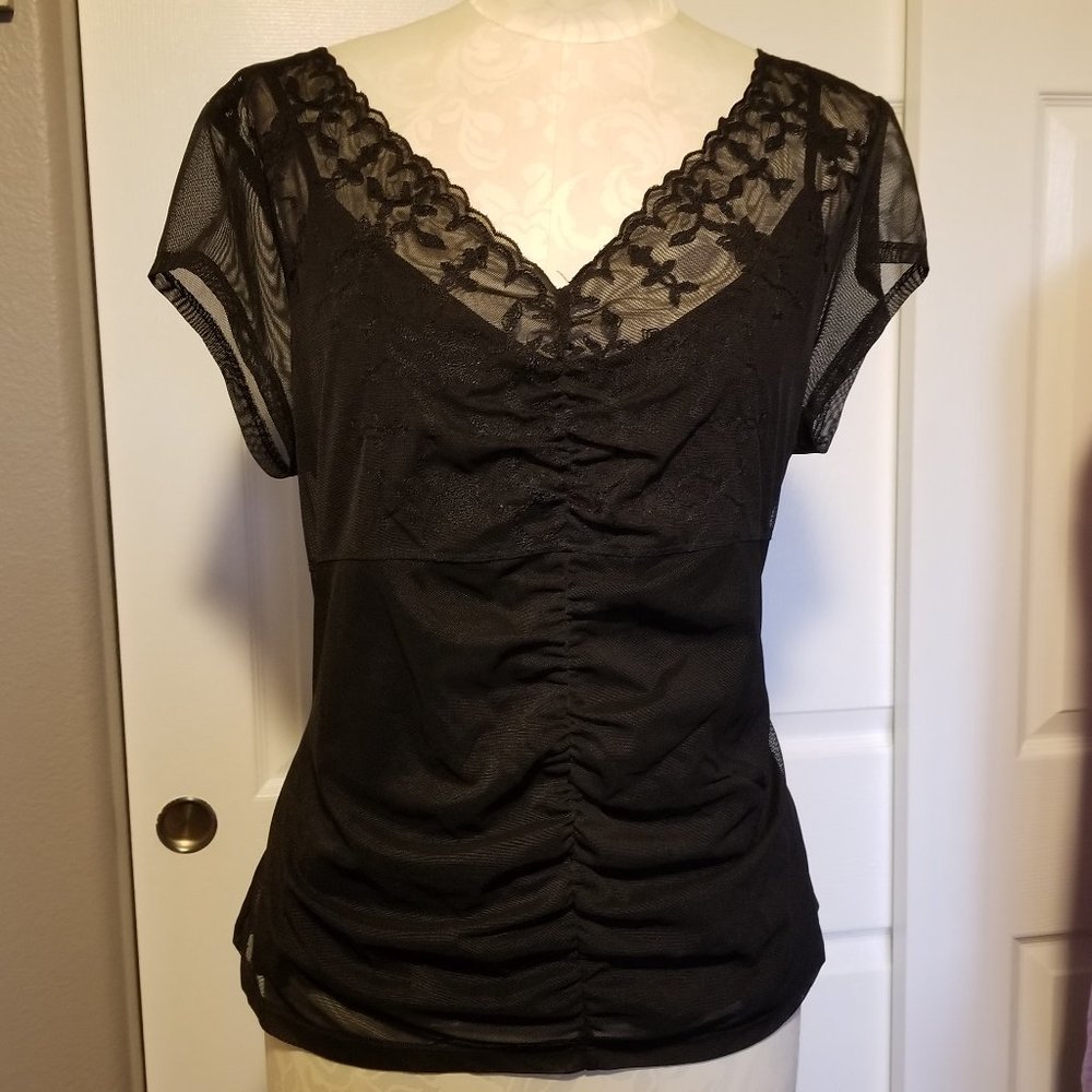 INC Embroidered Lace + Mesh Top XL